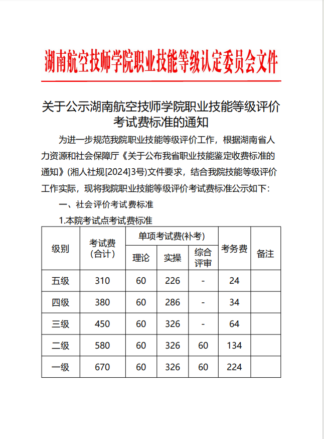 关于公示开云·体育,开云（中国）职业技能等级评价考试费标准的通知